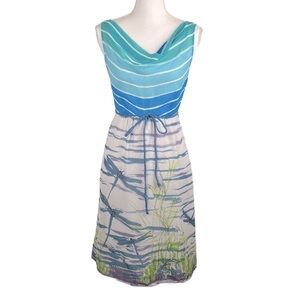 We Vera Blue & White Striped Dragonfly Print Sleeveless Summer Midi Dress Size 2